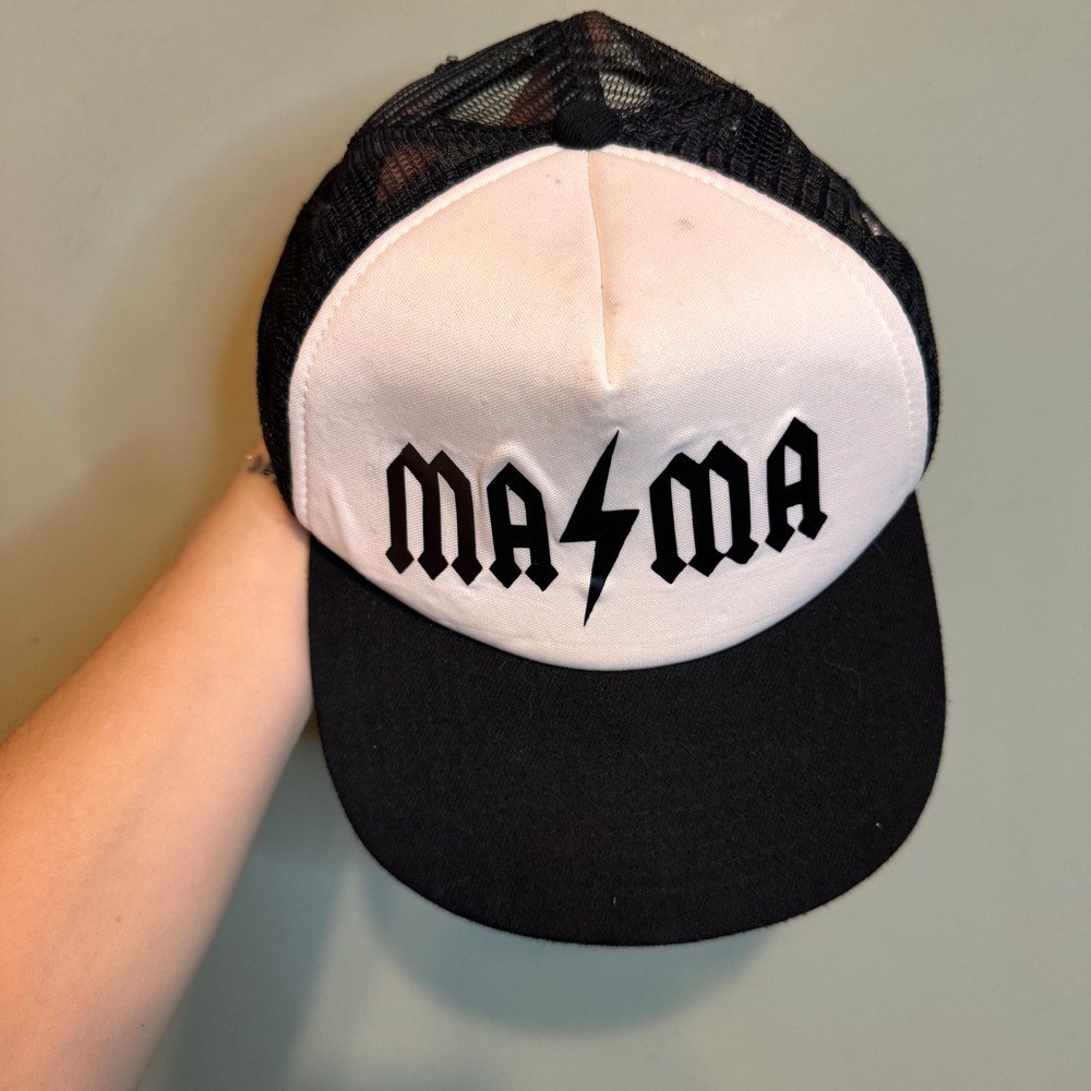 Mama Lightning Bolt Rocker Trucker Hat Black White Snapback Cap